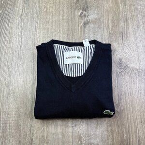 Lacoste Men’s Navy Blue V-Neck Tight Knitted Y2K Modern Pullover Sweater Size L
